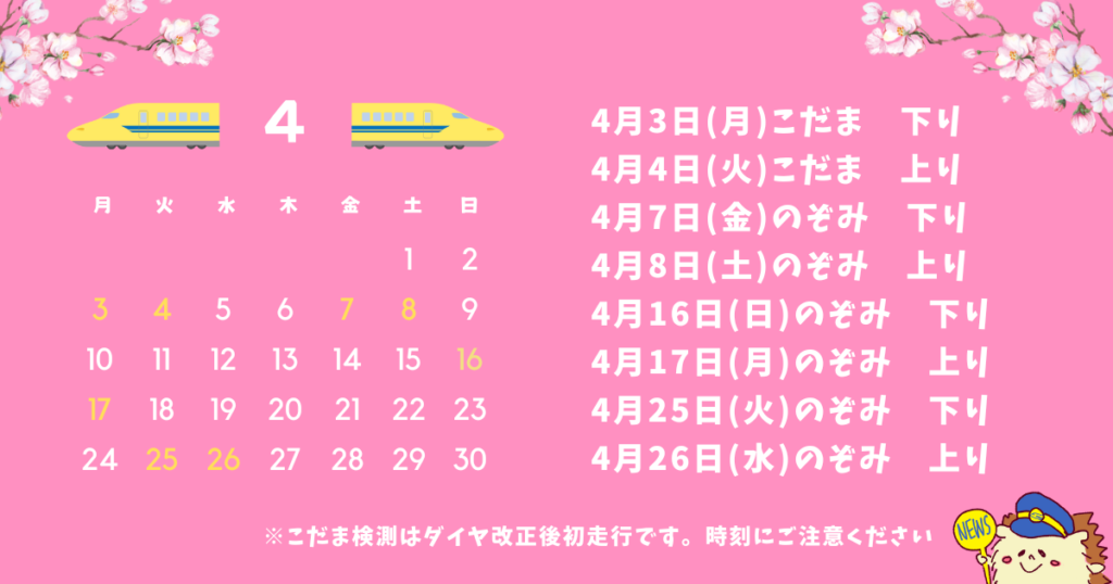 2022年4月ドクターイエロー運行日カレンダー